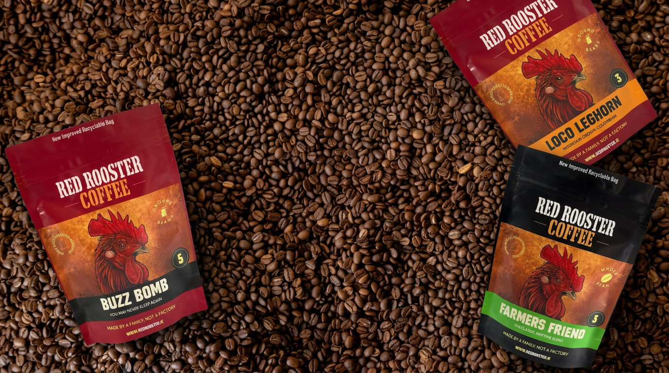 Red Rooster coffee bags on coffee beans